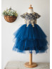 Cap Sleeves Gold Lace Navy Blue Tulle Tea Length Flower Girl Dress